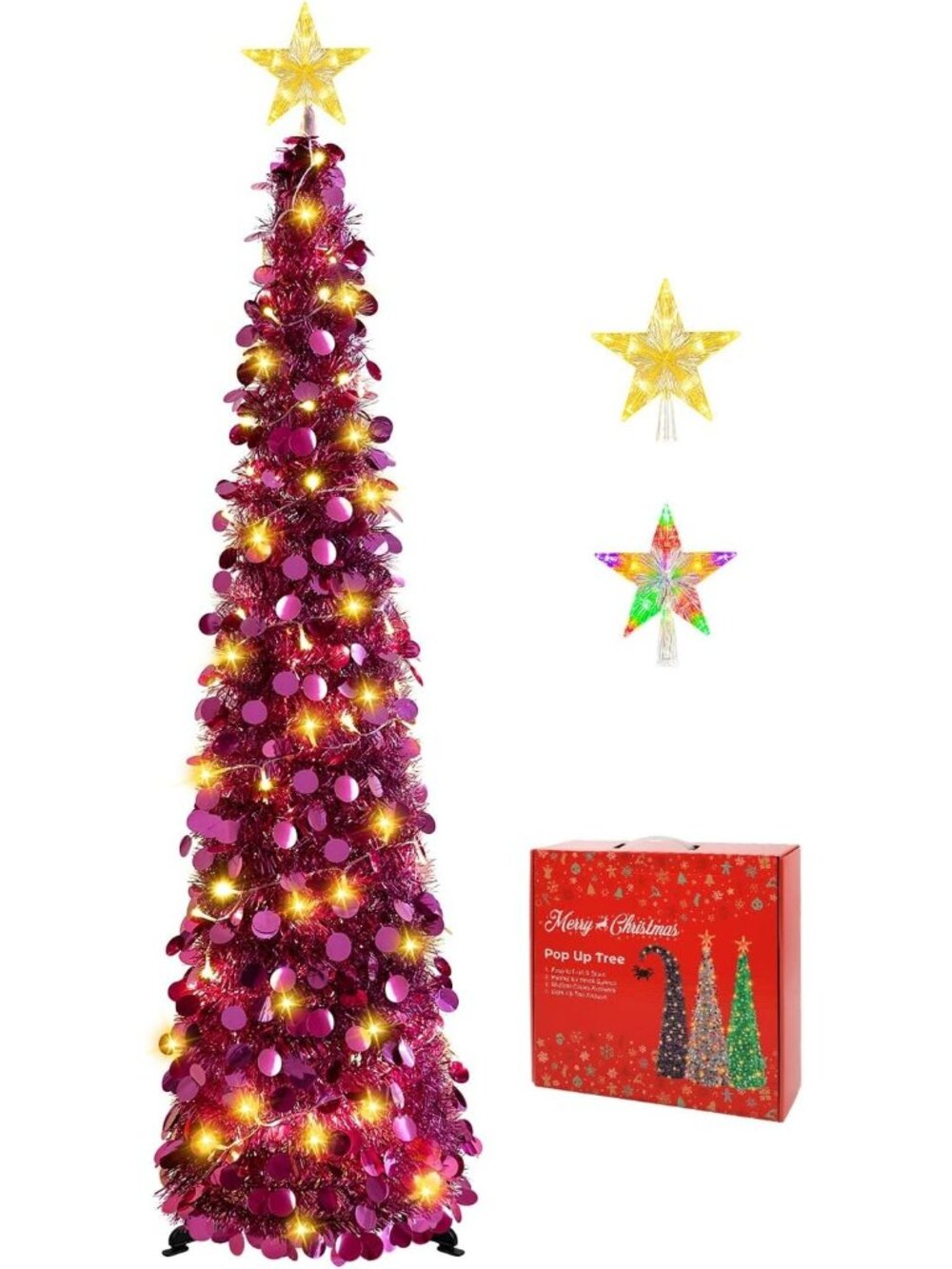 🎄5FT Magenta Pop Up with Lighted Top Star for Christmas LED Tree Decorations